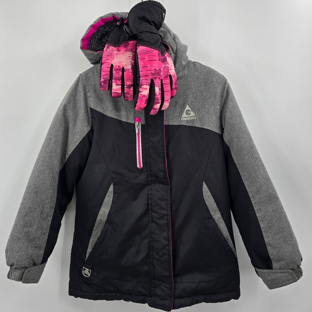 Gerry Jacket Girls Large 10/12 Pink Hooded Winter Ski Puffer Coat w/gloves